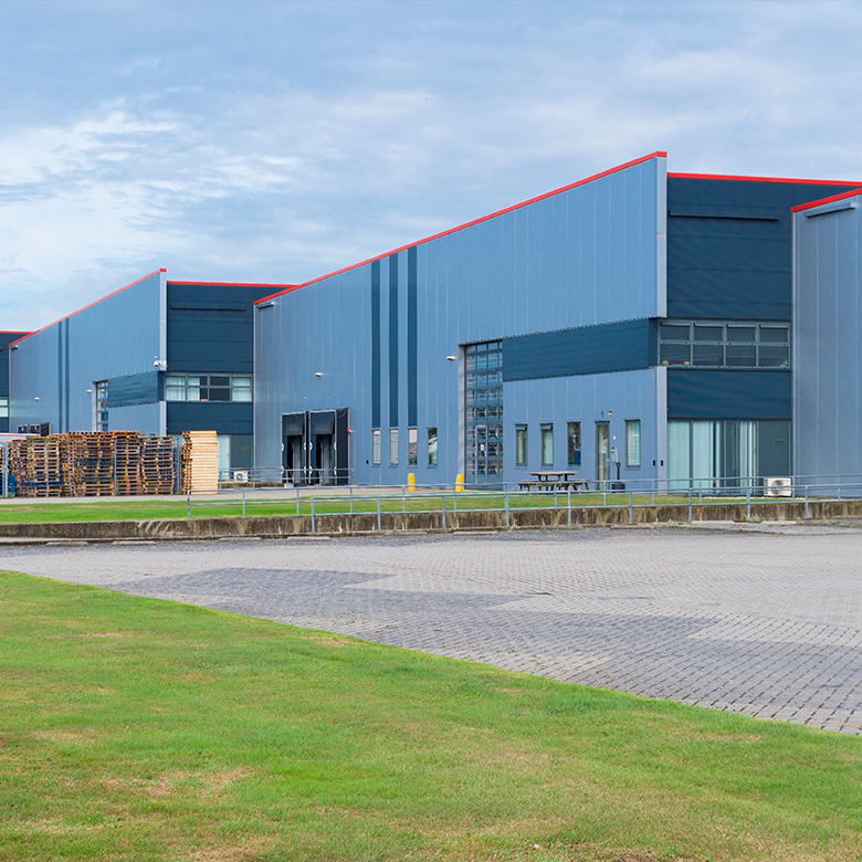 Industrial building with metal roofing